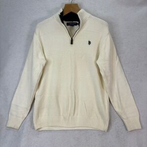 U.S. Polo Assn White Cotton Textured Knit 1/4 Zip Sweater Men M Preppy Old Money
